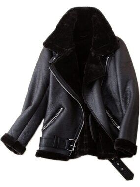 Women's Black Polyester Faux Shearing Moto Thick Lined Winter Leather Jacket